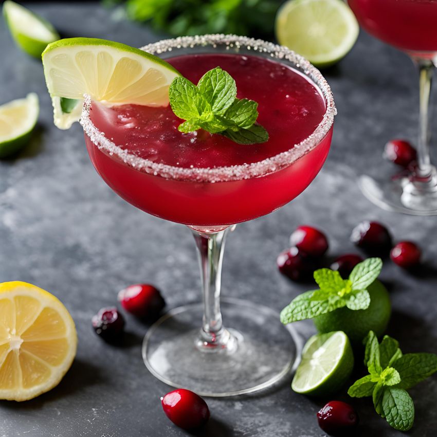 A vibrant Cranberry Ginger Cosmo garnished with fresh lime and mint leaves for a refreshing drink.