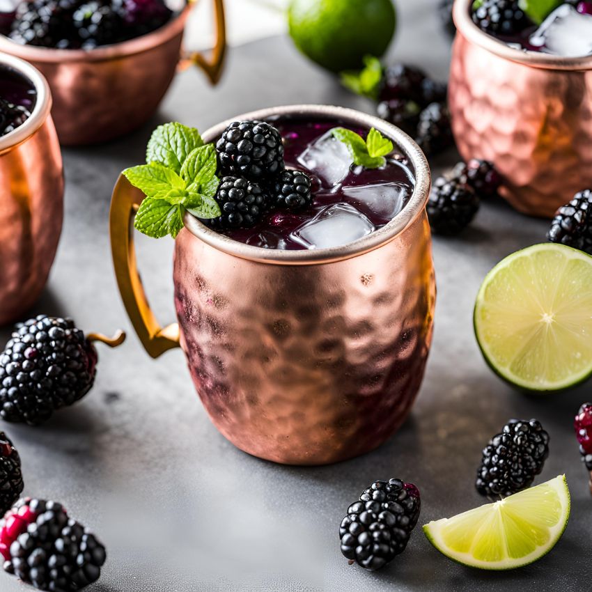  A refreshing Blackberry Moscow Mule cocktail with blackberries and lime in a copper mug.