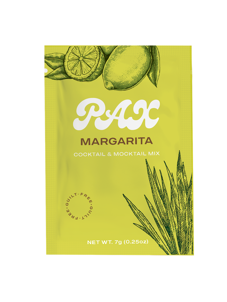 Pax Margarita Cocktail and Mocktail packaging in lime green that says Guilt-Free mix.